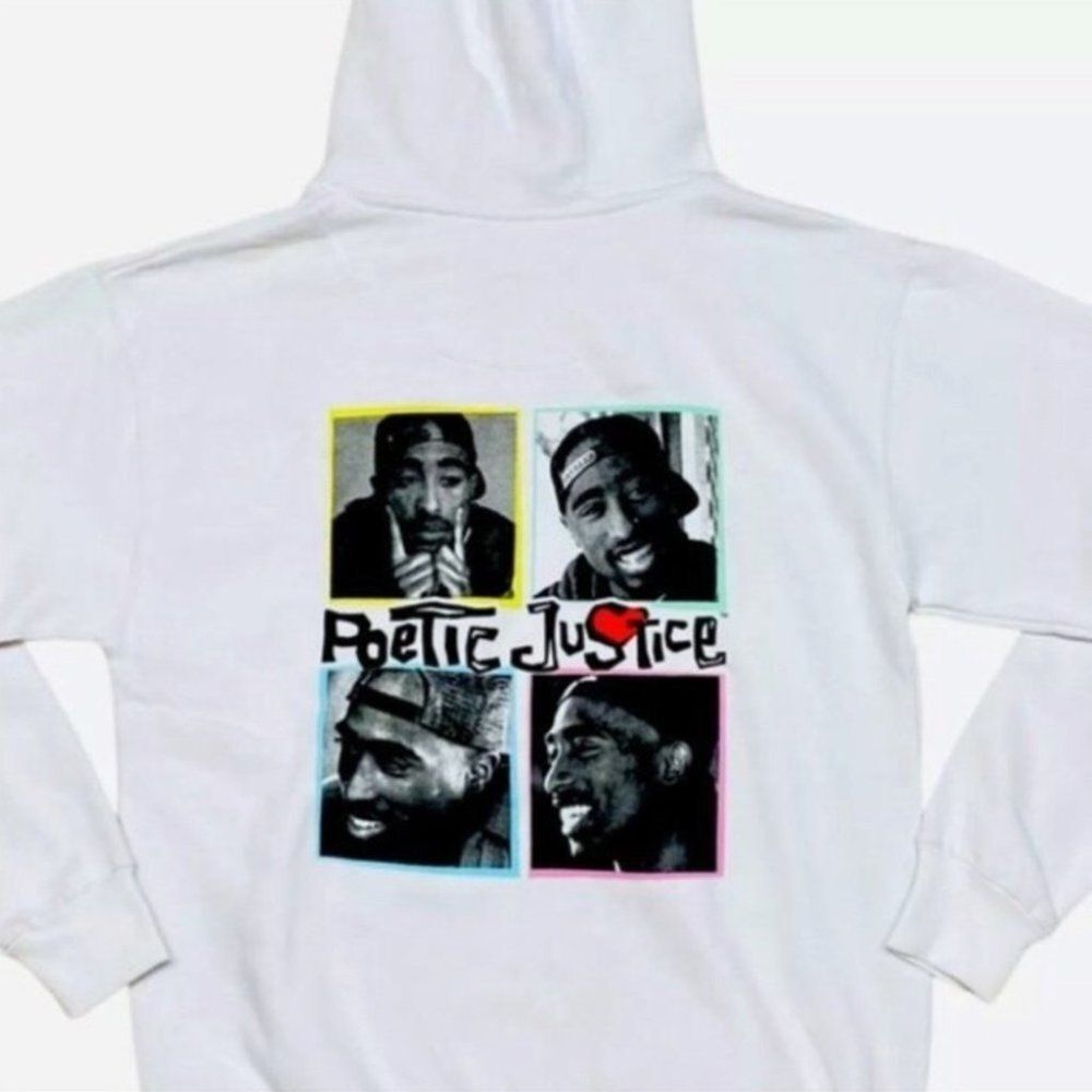 Tupac Poetic Justice Men’s Hoodie White Graphic Logo‎ Sweatshirt Hip Hop NEW